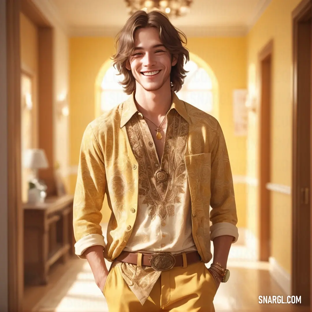 Man in a yellow shirt and yellow pants standing in a hallway with a light on the ceiling and a chandelier