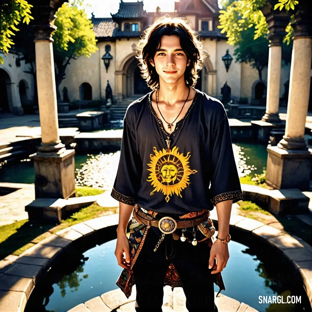 Man standing in front of a fountain with a sun on it's shirt on and a necklace on his neck