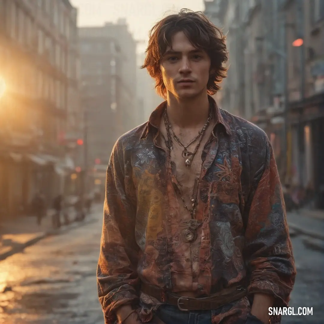 Man standing in the middle of a street at sunset with a shirt on and a necklace on his neck
