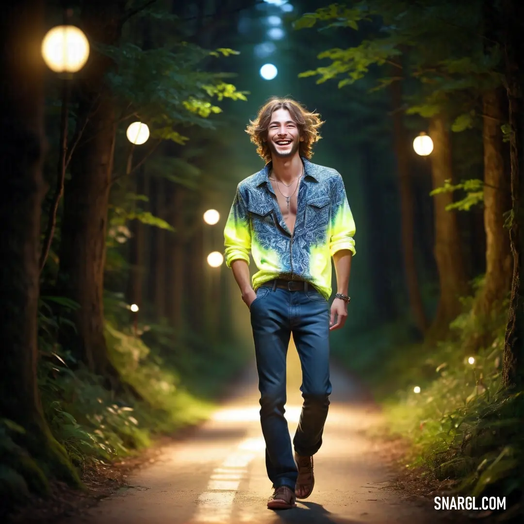 Man walking down a road in the woods at night with lights on the trees behind him and a shirt on