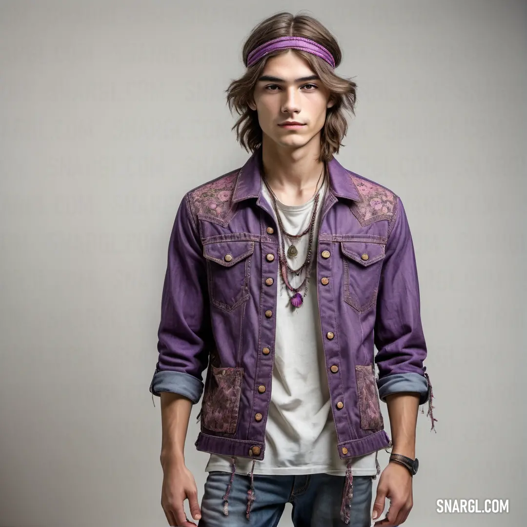 Man with a bandana on his head and a purple jacket on his shoulders and a white shirt on his shirt