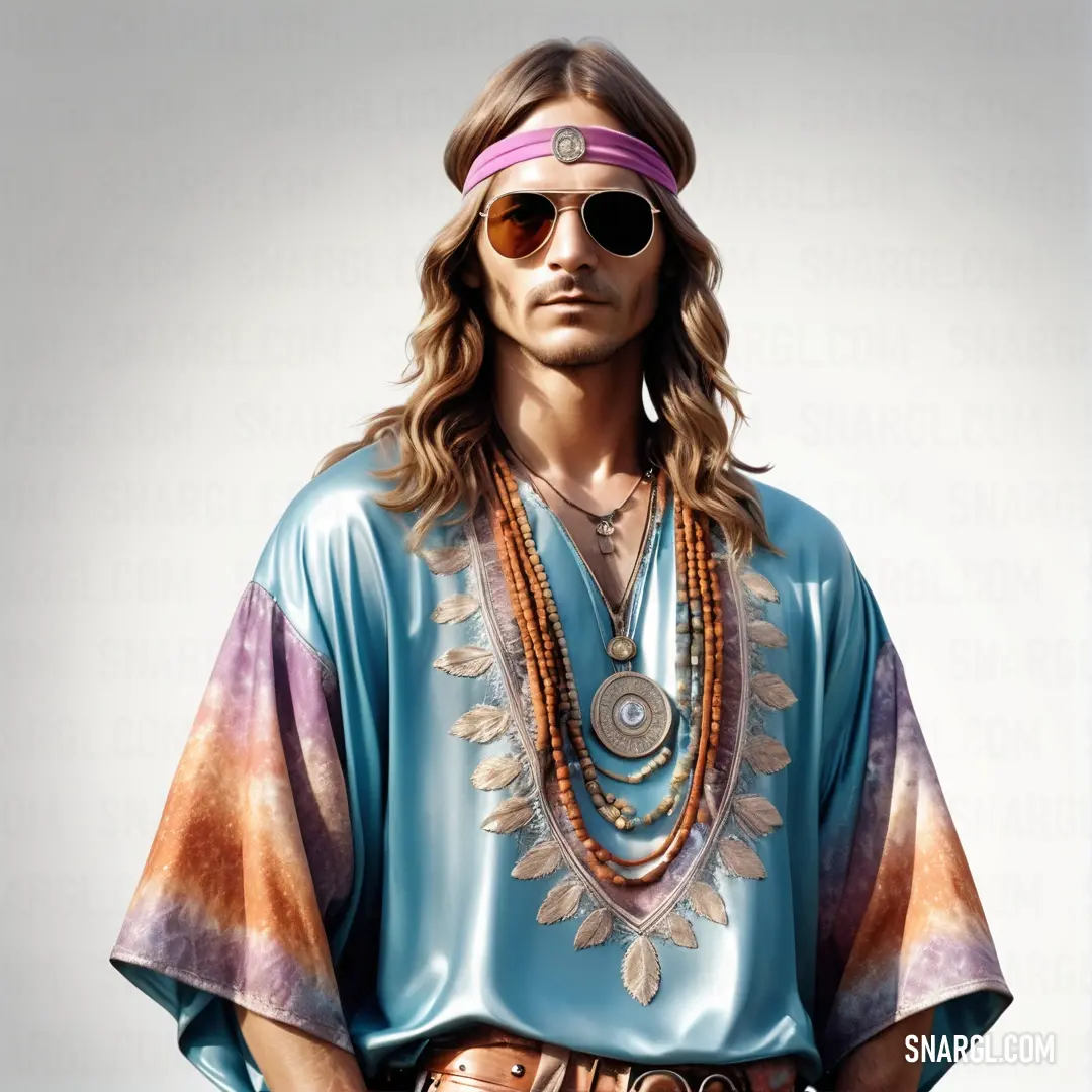 Man with a bandana and sunglasses on his head and a necklace on his neck and a belt around his waist