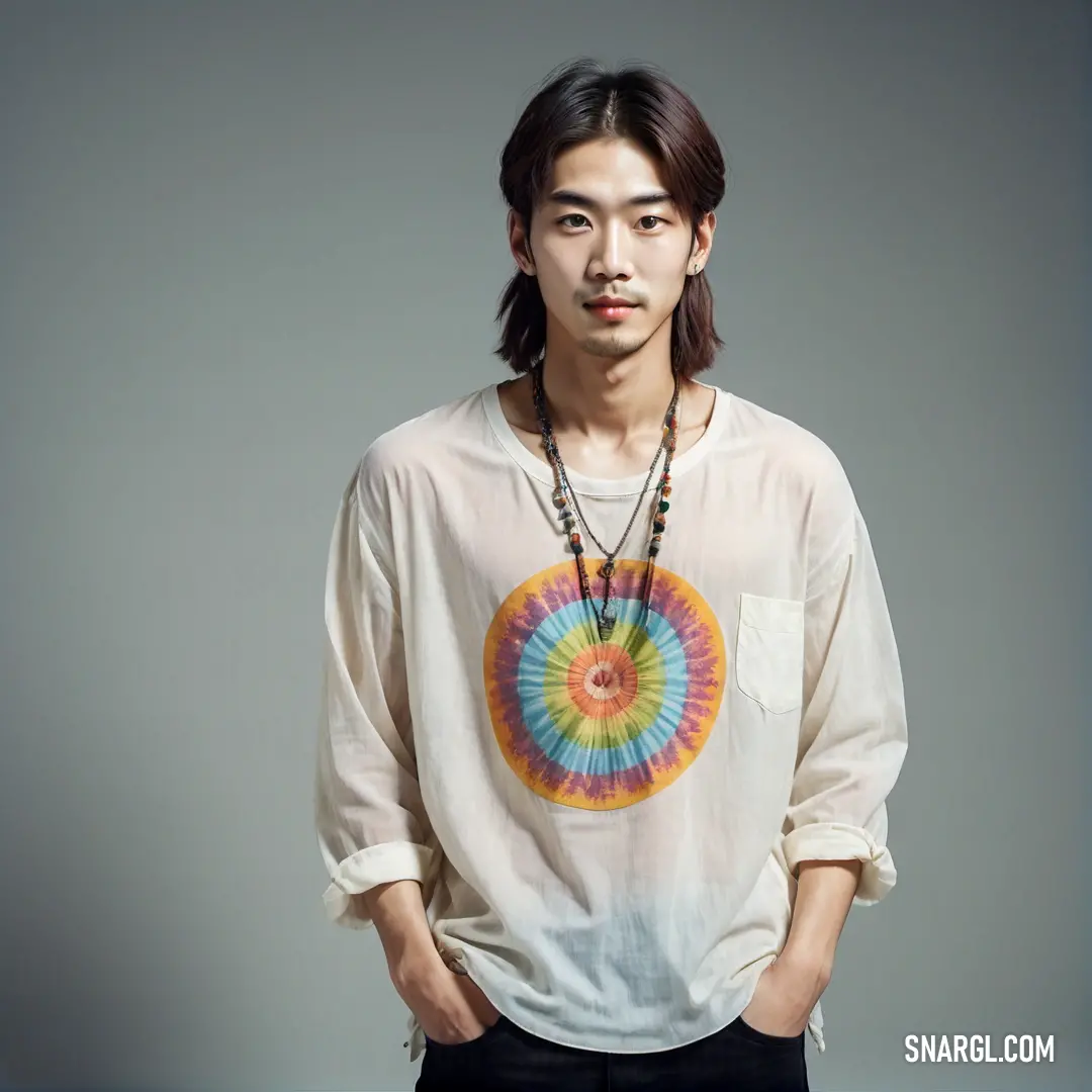 Man with a necklace standing in front of a gray background with a tie dye shirt on