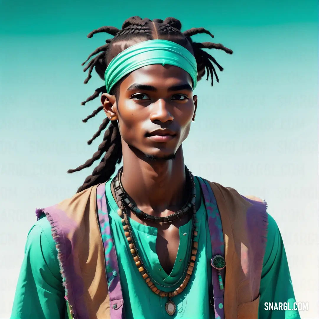 Man with dreadlocks and a green shirt and a blue shirt and a brown vest
