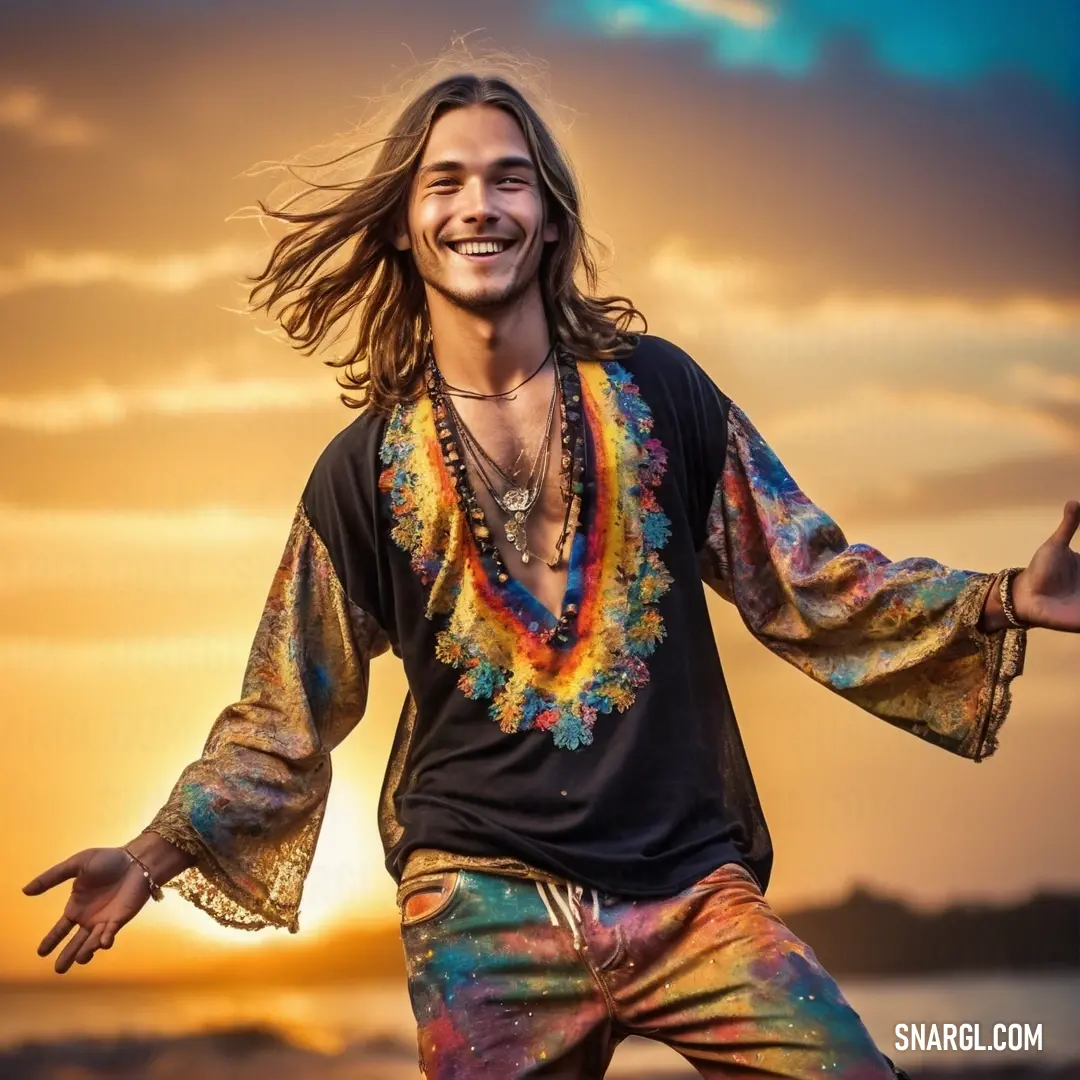 Man with long hair and a colorful shirt on is dancing on the beach at sunset with his arms outstretched