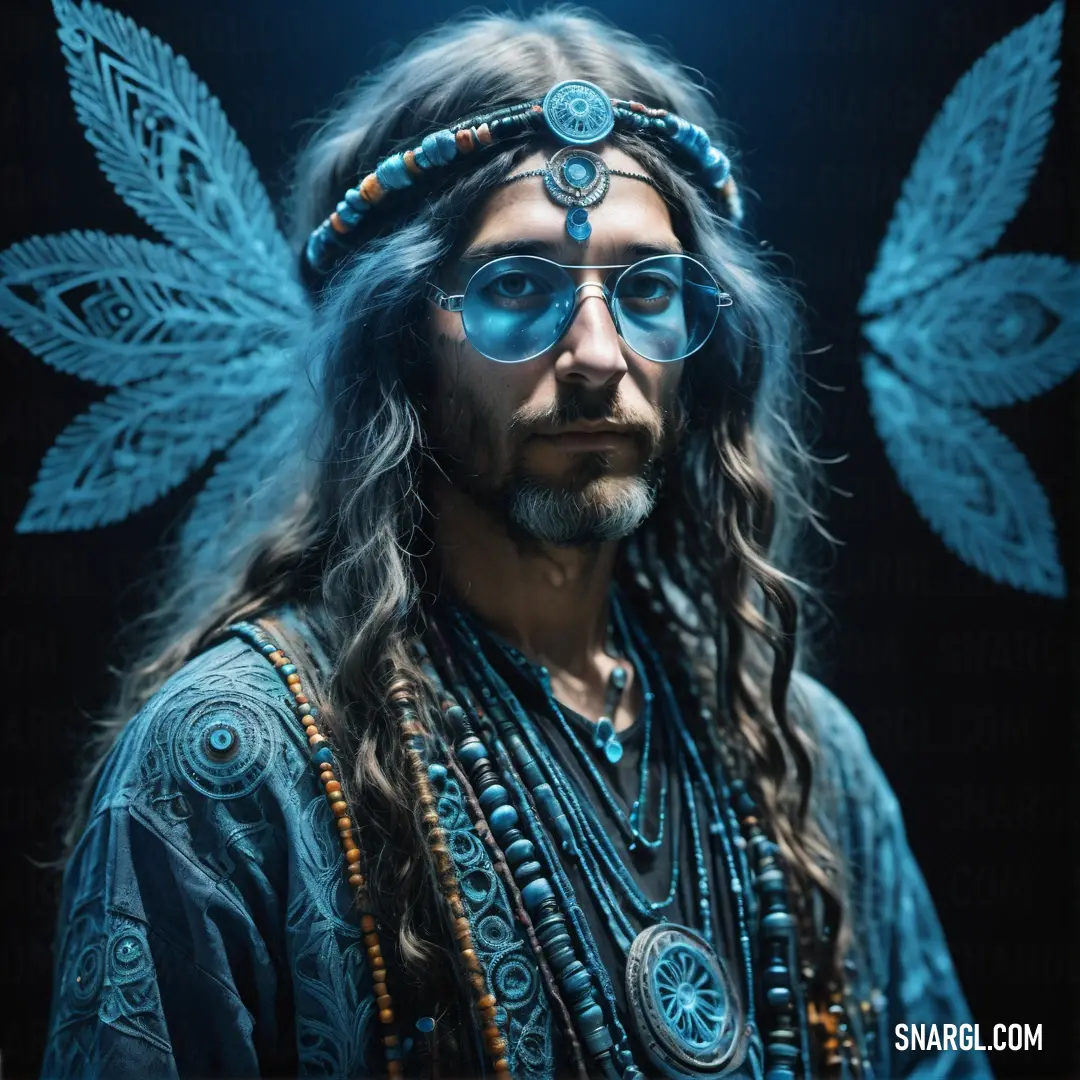 Man with long hair and glasses wearing a headdress and a feathered headdress with feathers