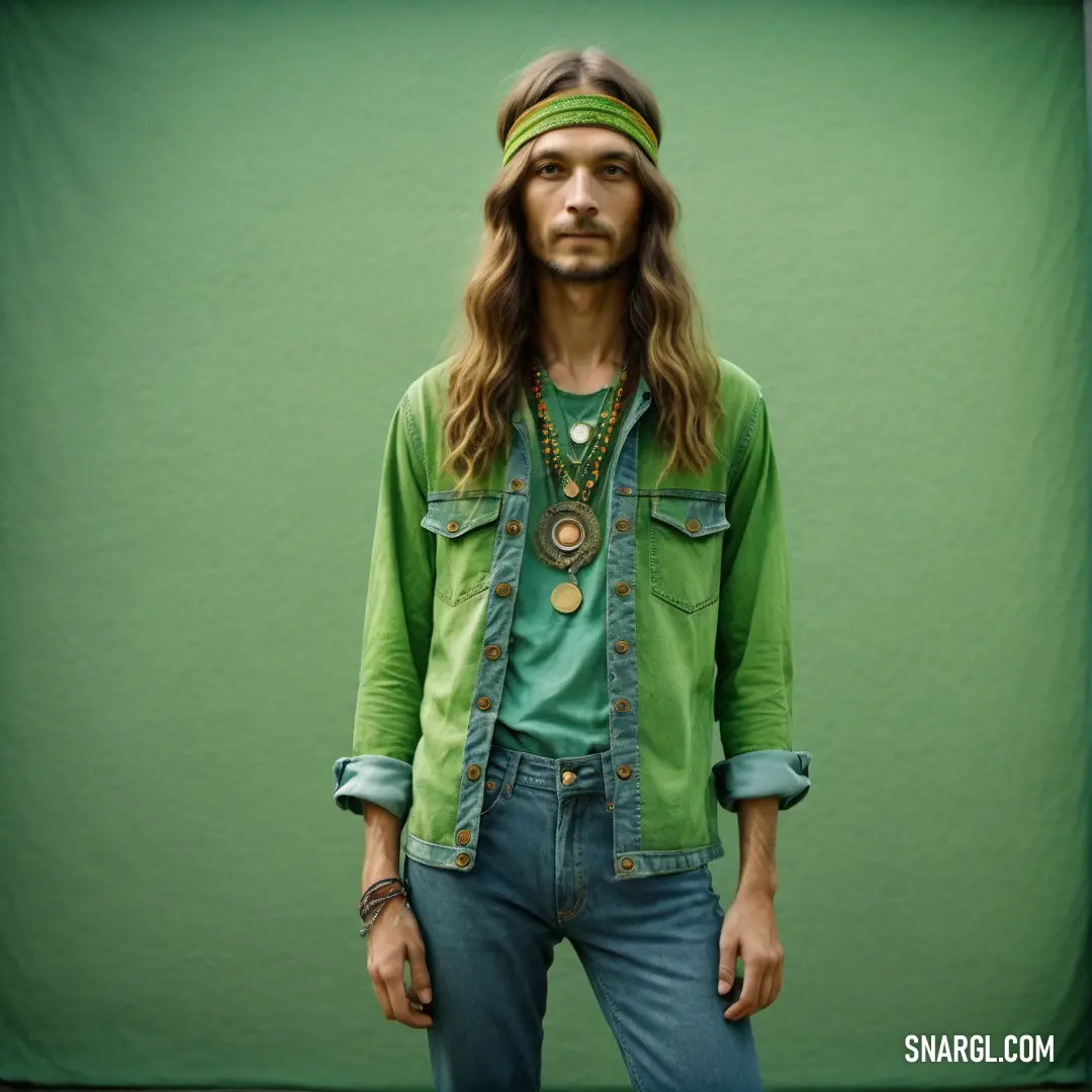 Man with long hair and a green shirt and a bandana on his head standing in front of a green backdrop