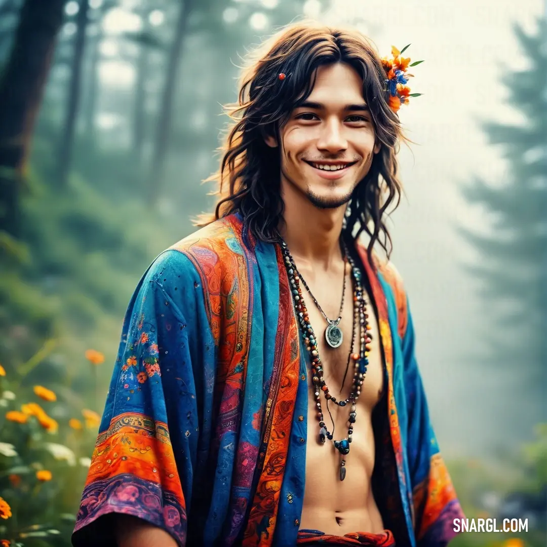 Man with long hair and a flower in his hair wearing a colorful robe and beads smiles at the camera