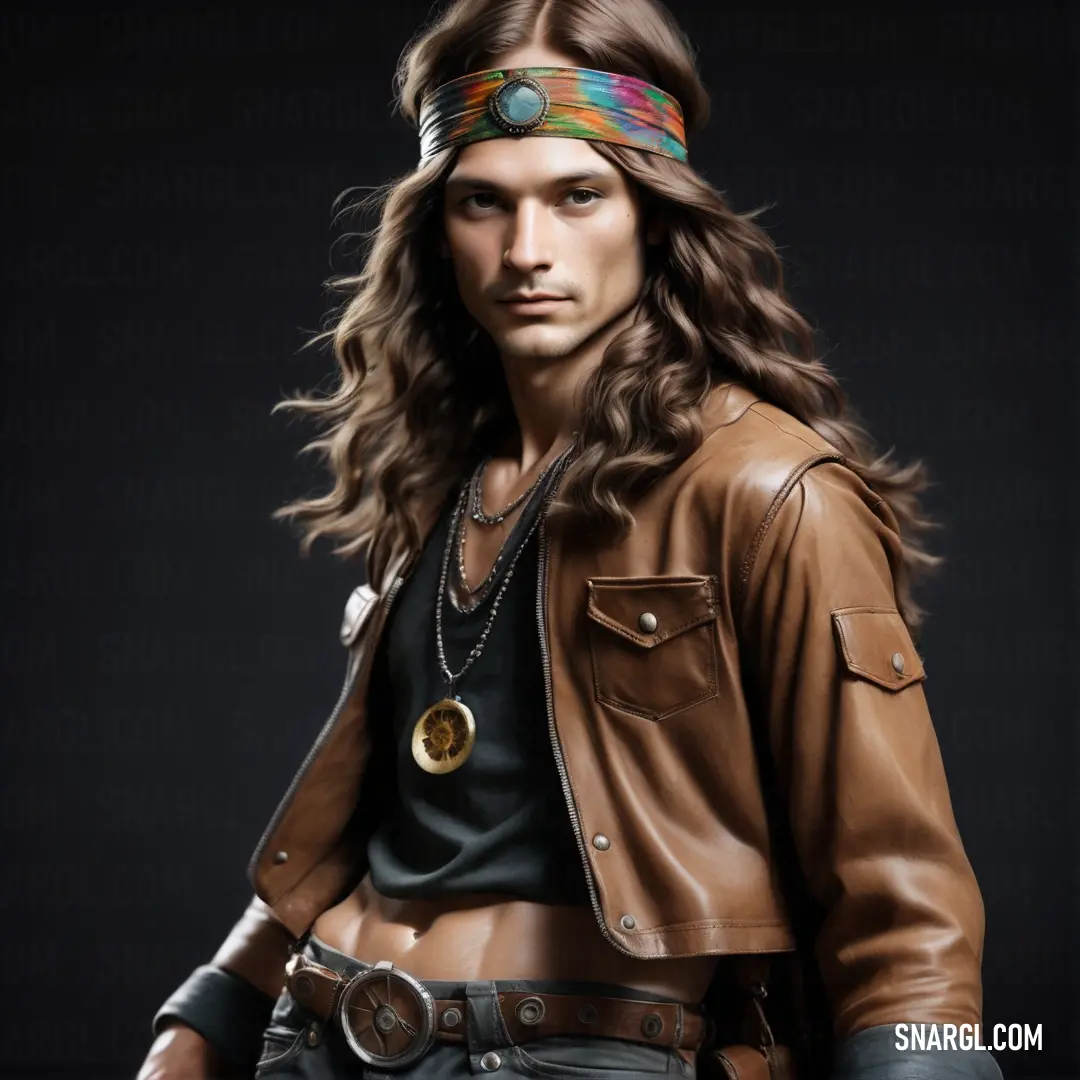 Man with long hair wearing a leather jacket and a headband with a button on it's side