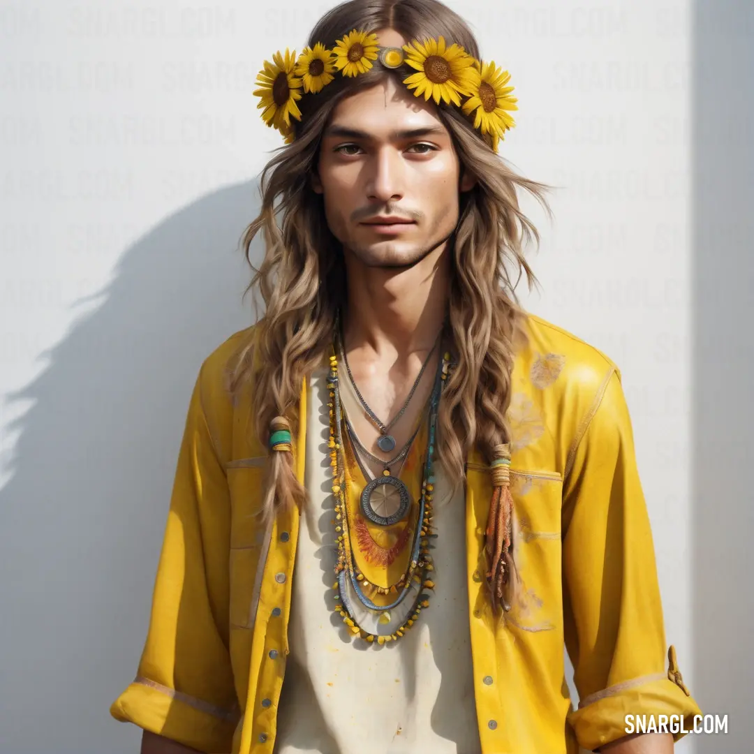 Man with long hair wearing a yellow shirt and a flower crown on his head and a necklace of sunflowers