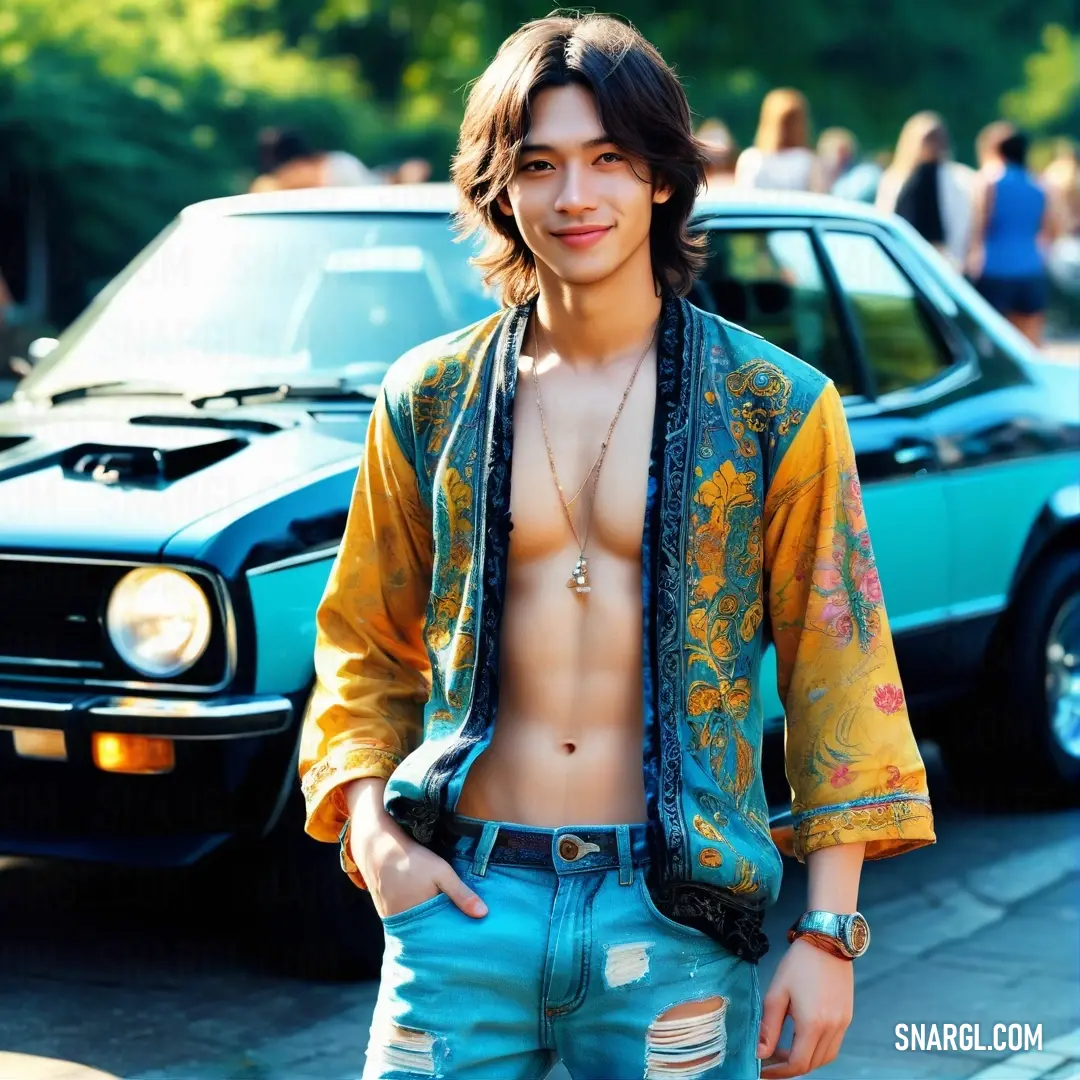 Man with no shirt standing next to a car and a blue car with a woman in the background