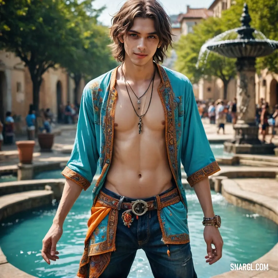 Man with no shirt standing in front of a fountain with a shirt on and a necklace on his neck