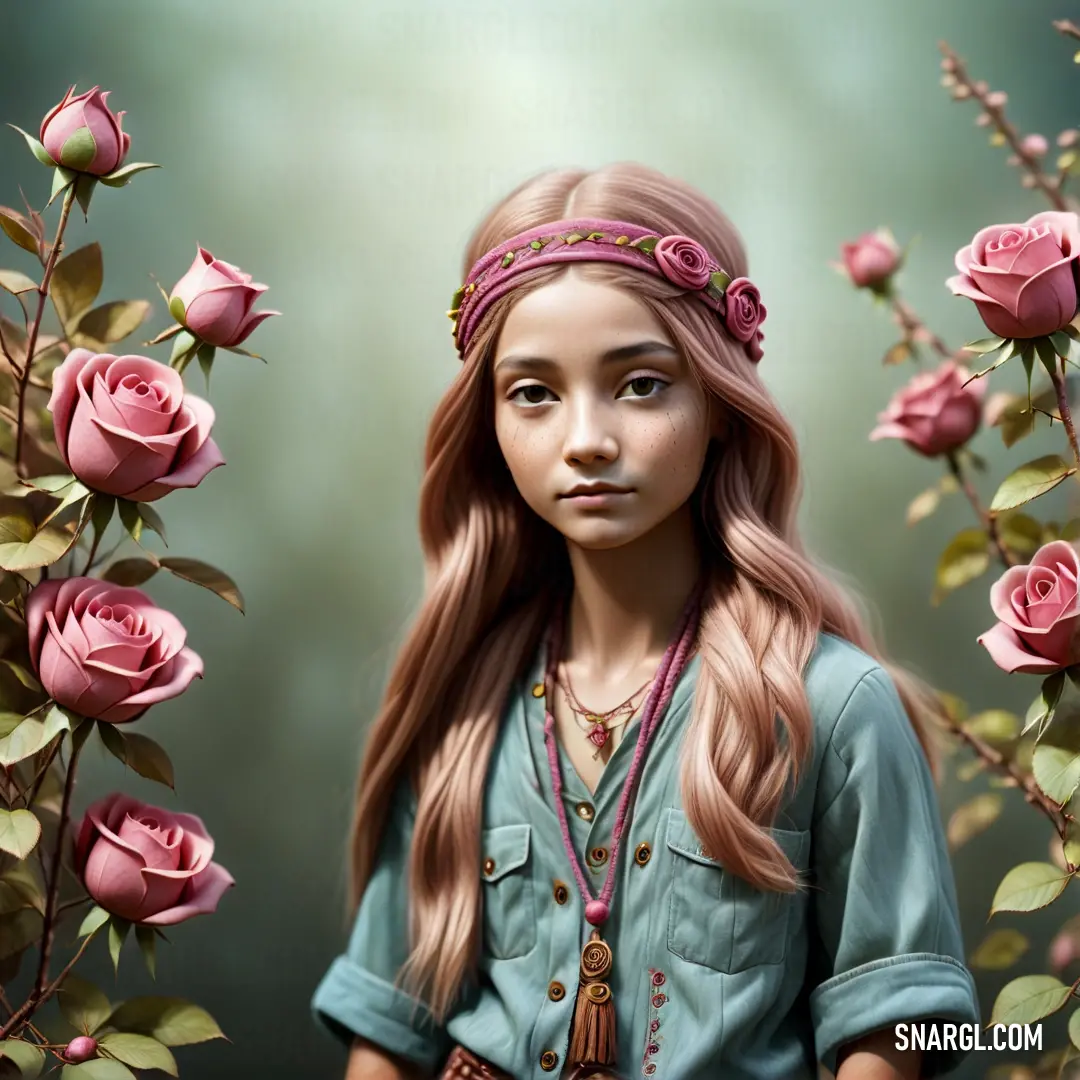 Painting of a girl with long hair and a flower crown on her head standing in front of roses