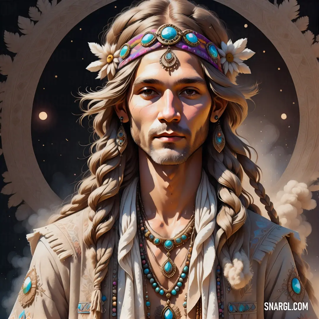 Painting of a man with long hair and a necklace on his head and a circle around him with stars