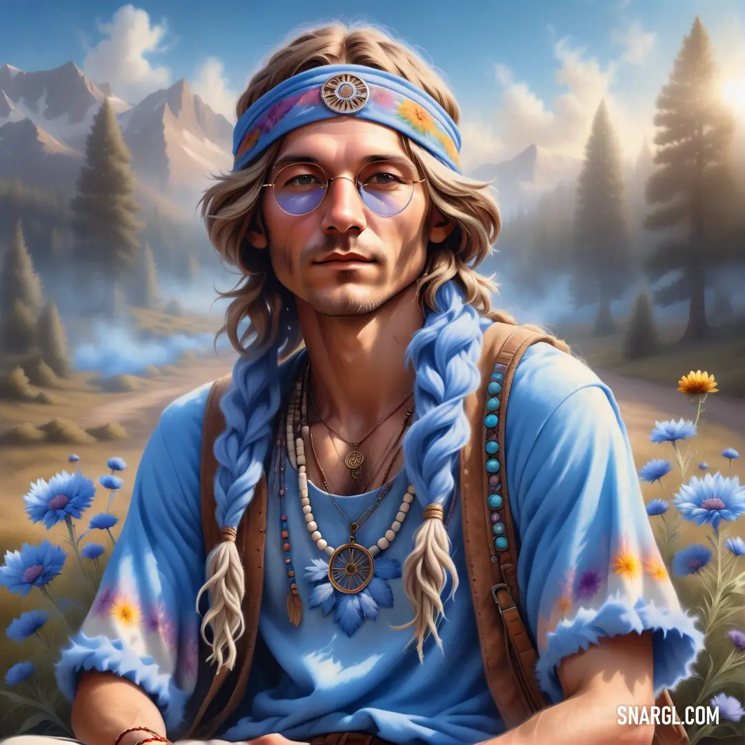 Painting of a man with a blue shirt and a headband in a field of flowers and daisies