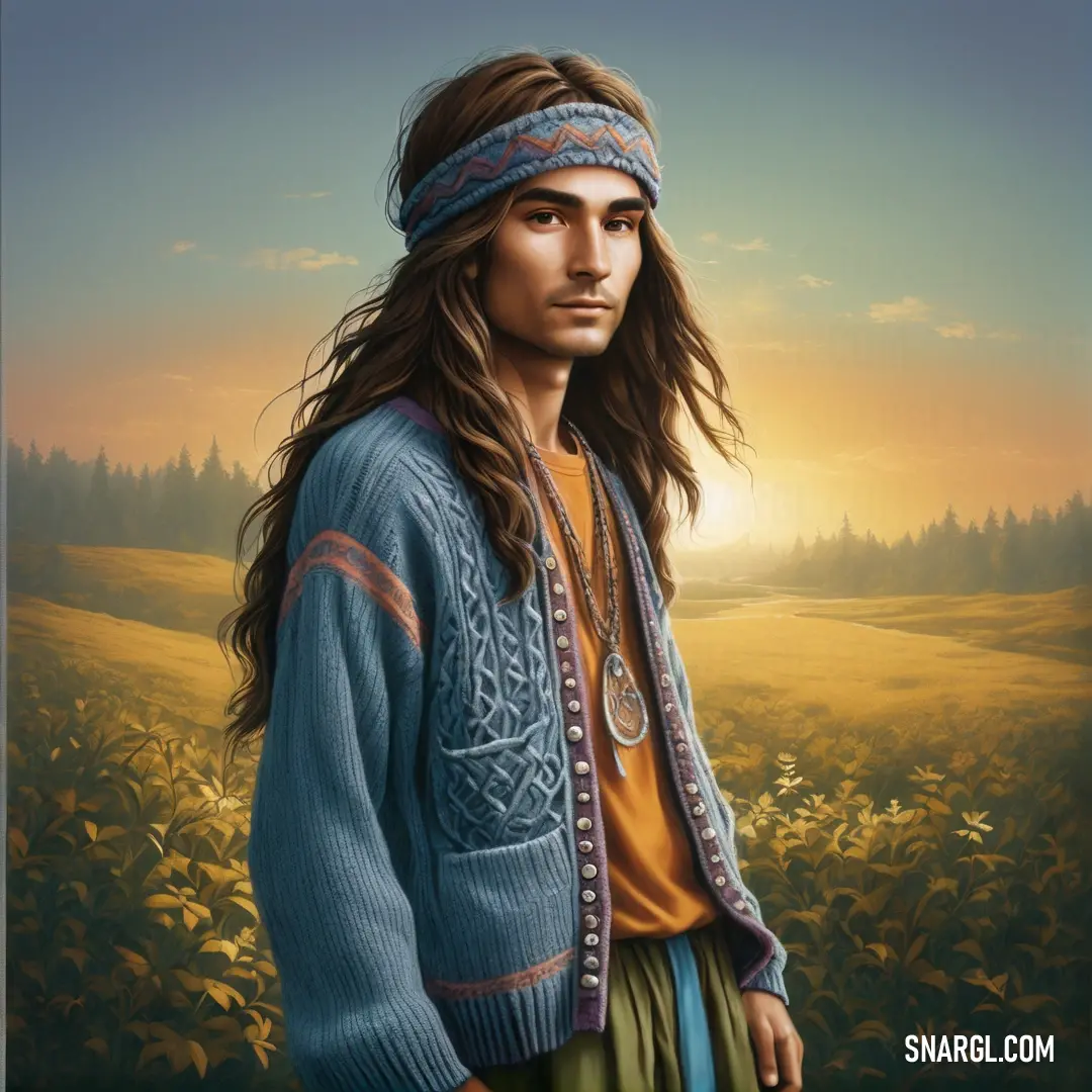 Painting of a man with long hair and a headband on standing in a field of flowers with the sun behind him