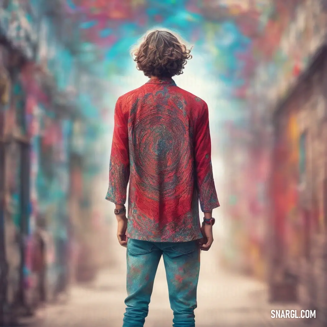 Person standing in a tunnel with graffiti on the walls and a man with a red shirt on looking at something