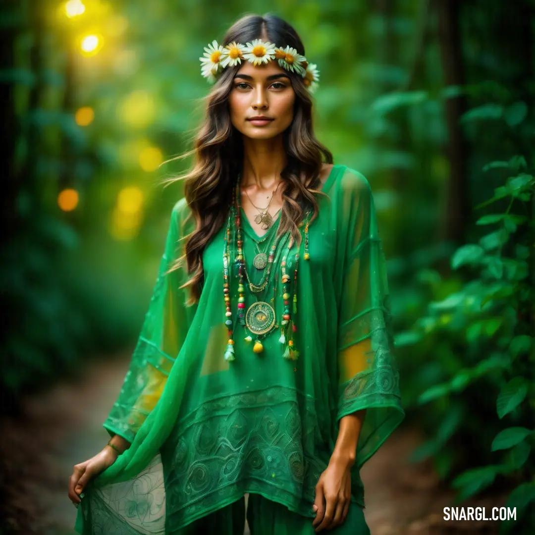 Woman in a green dress standing in a forest with a flower in her hair and a green dress