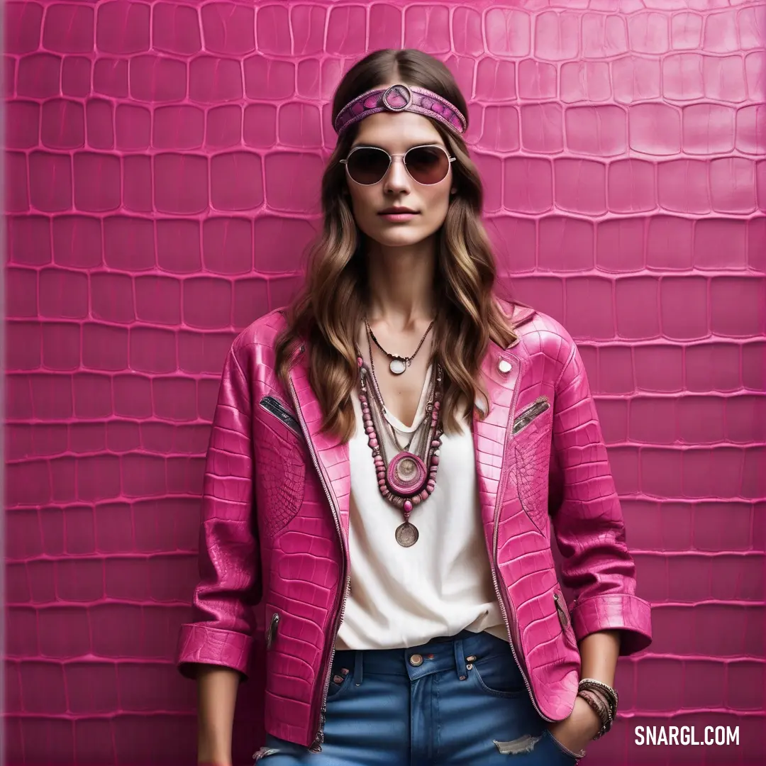 Woman in a pink jacket and sunglasses posing for a picture in front of a pink wall