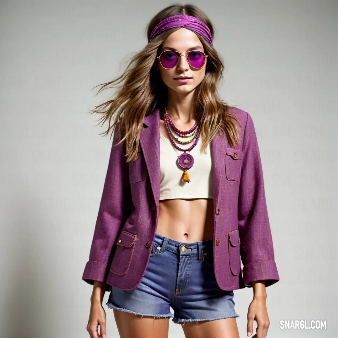 Woman in a purple jacket and shorts posing for a picture with a purple headband on her head