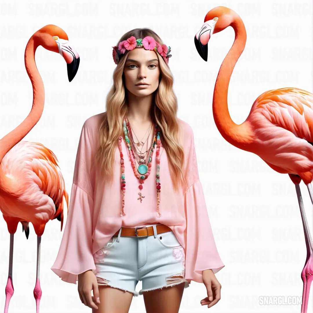 Woman standing next to two flamingos wearing necklaces and a pink shirt with flowers on it's head