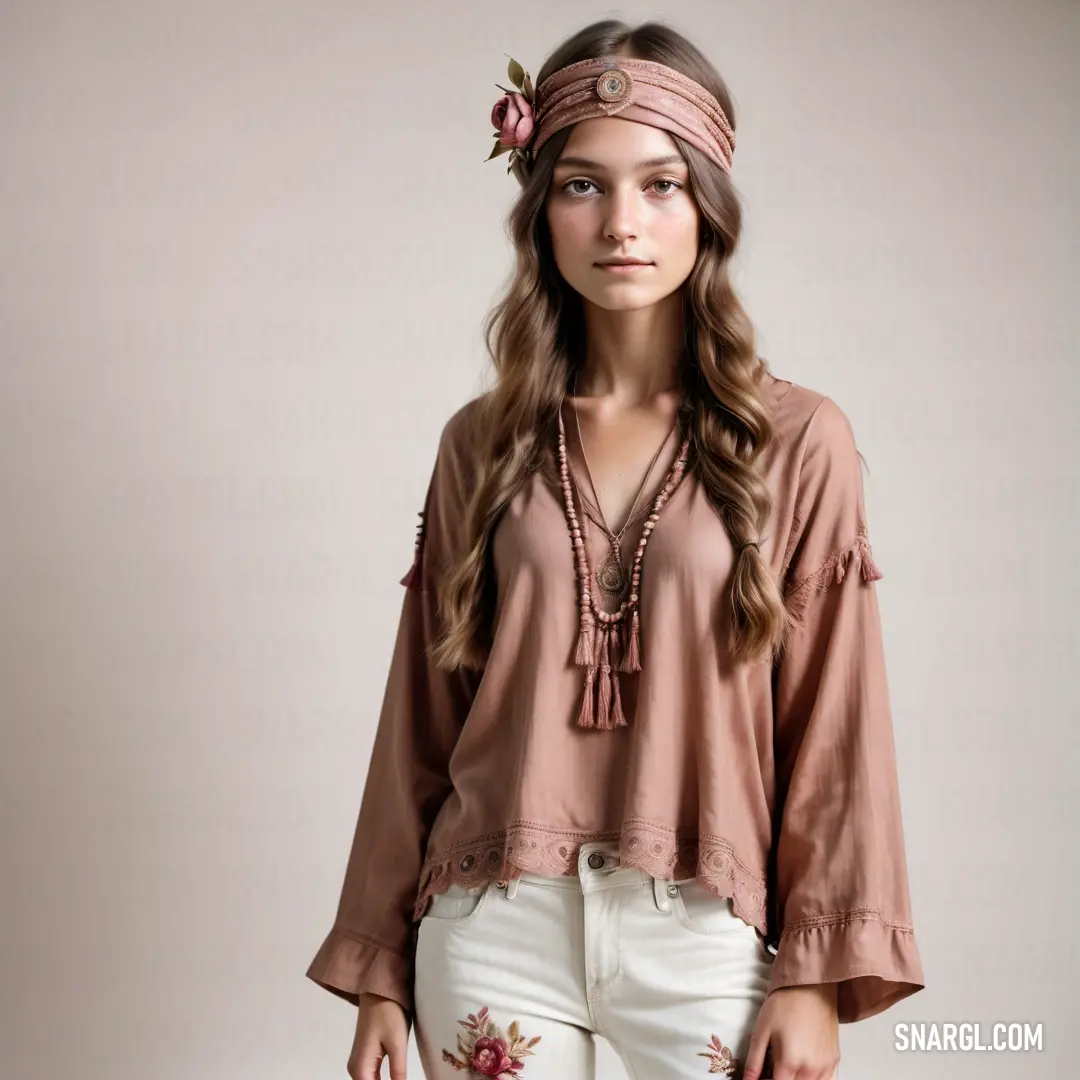 Woman wearing a headband and a blouse with flowers on it, standing in front of a white background