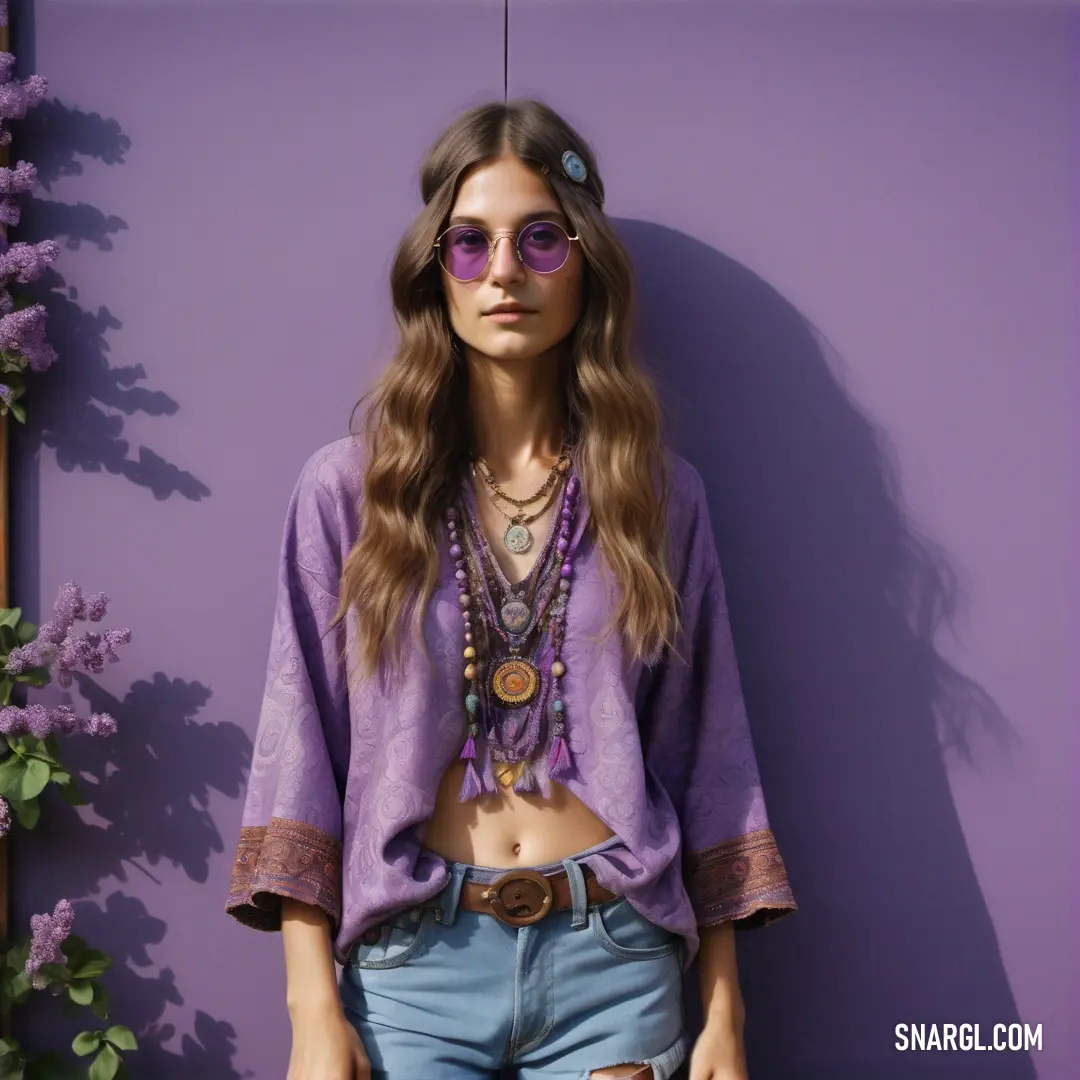Woman wearing a purple shirt and sunglasses standing next to a purple wall with flowers on it