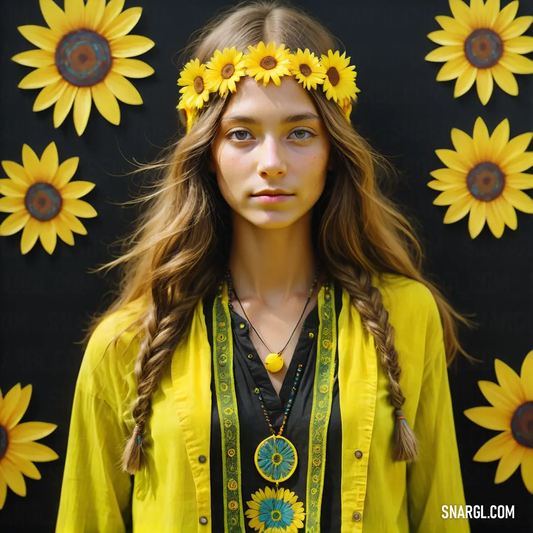 Woman with a flower crown on her head standing in front of a wall of sunflowers with a black background