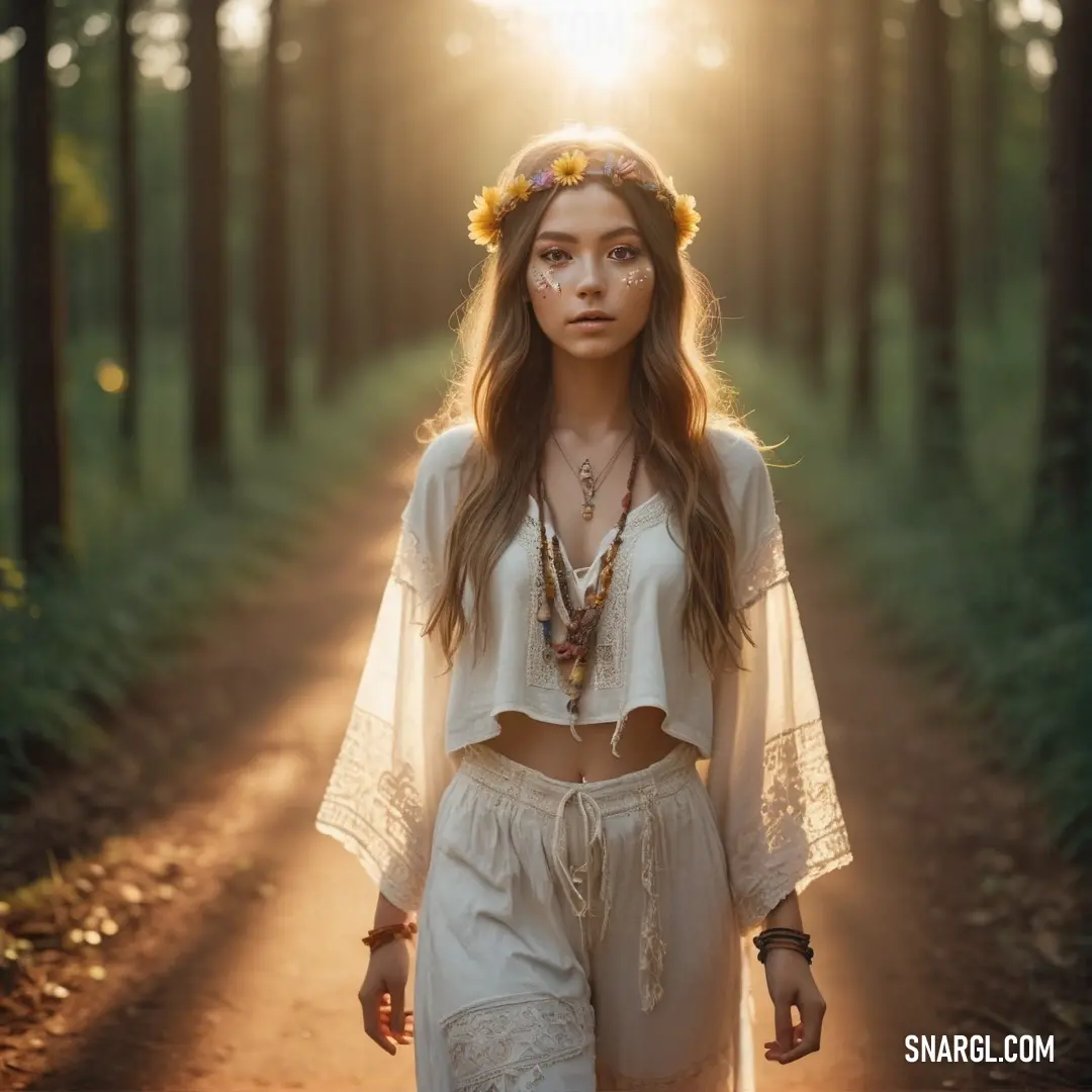Woman with a flower crown on her head walking down a dirt road in the woods at sunset or sunrise