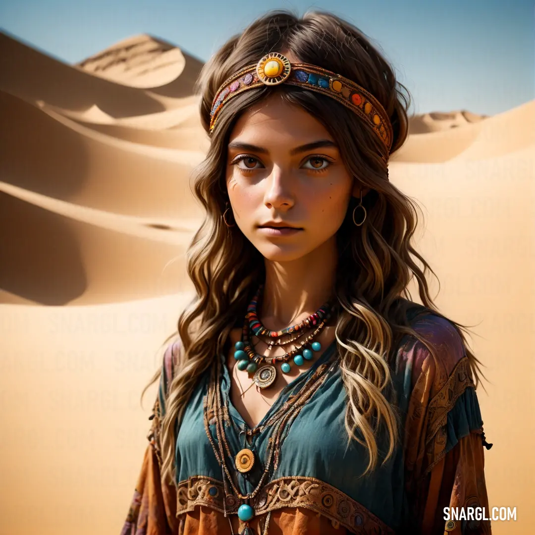 Woman with a headband and a necklace in the desert with sand dunes in the background and a blue sky