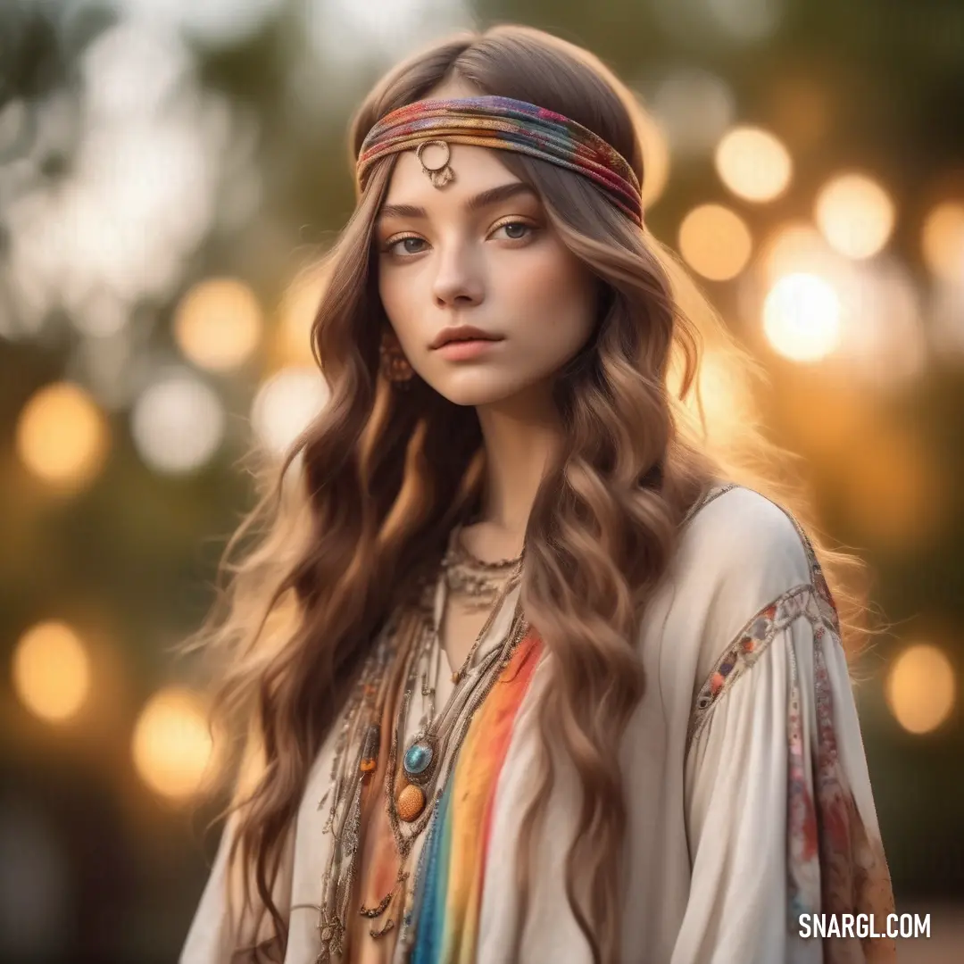 Woman with long hair wearing a headband and a dress with a rainbow pattern on it's chest