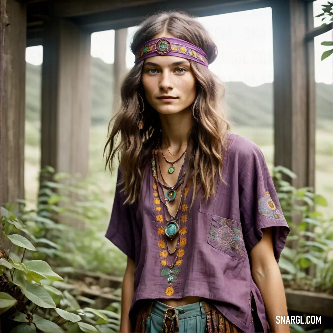 Woman with long hair wearing a purple shirt and a headband with beads and beads on it