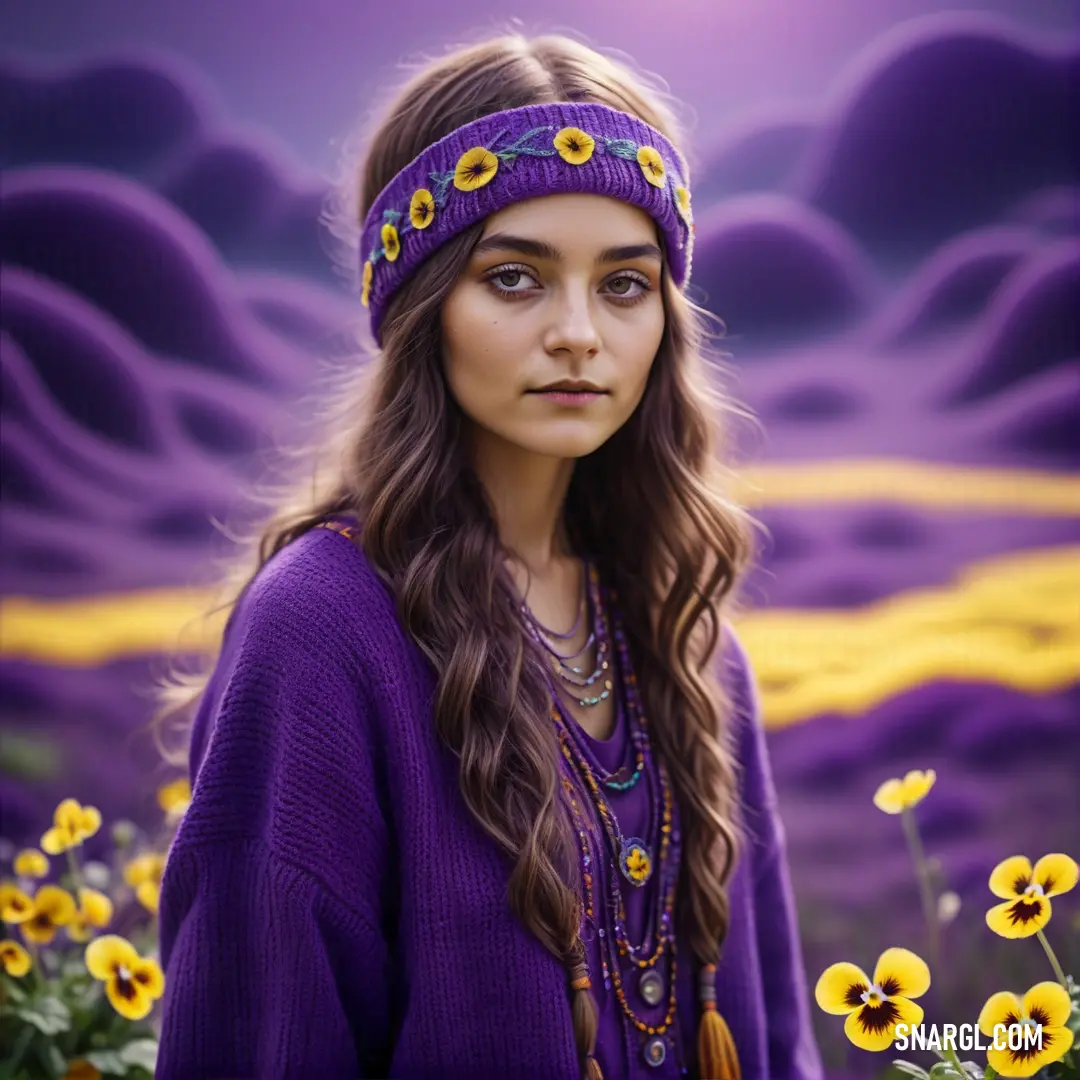 Woman with long hair wearing a purple sweater and a headband with flowers in front of a purple sky