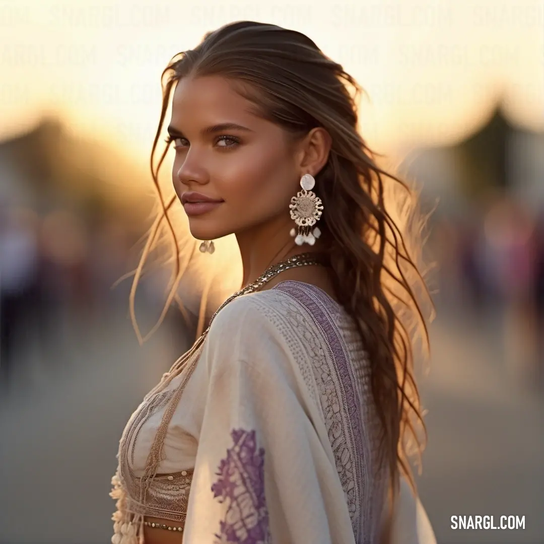 Woman with long hair wearing a white dress and earrings standing on a street corner at sunset or sunrise
