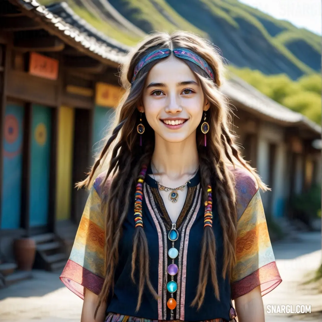 Woman with long hair and a colorful dress smiling at the camera with a mountain in the background