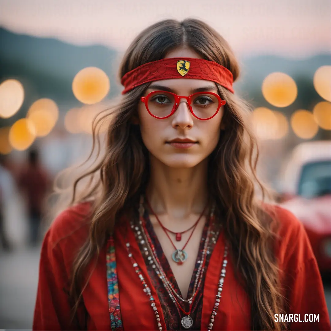 Woman with red glasses and a red headband on her head is standing in front of a car