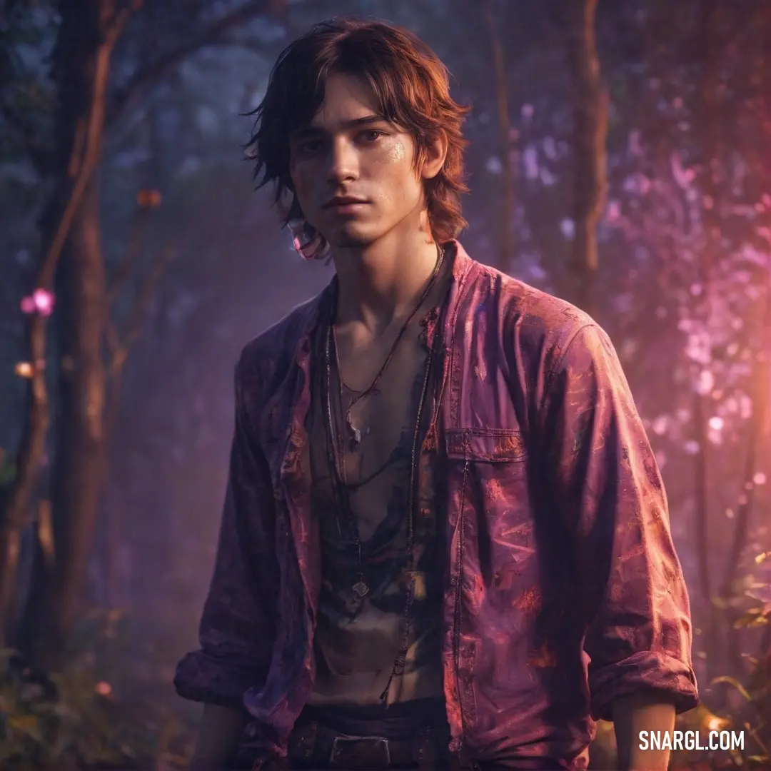 Young man standing in a forest with a necklace on his neck and a shirt on his shirt is purple