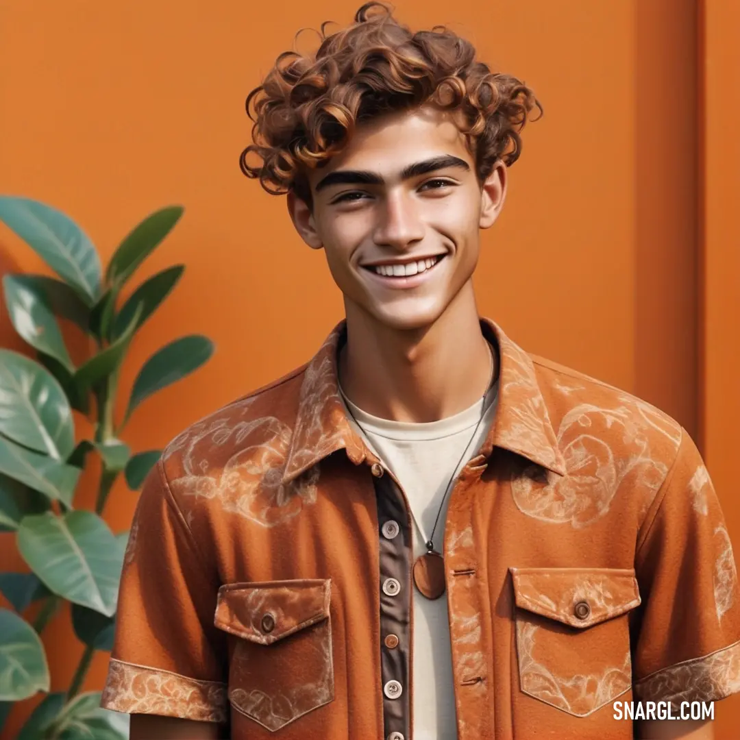 Young man with curly hair smiling at the camera with a plant in the background