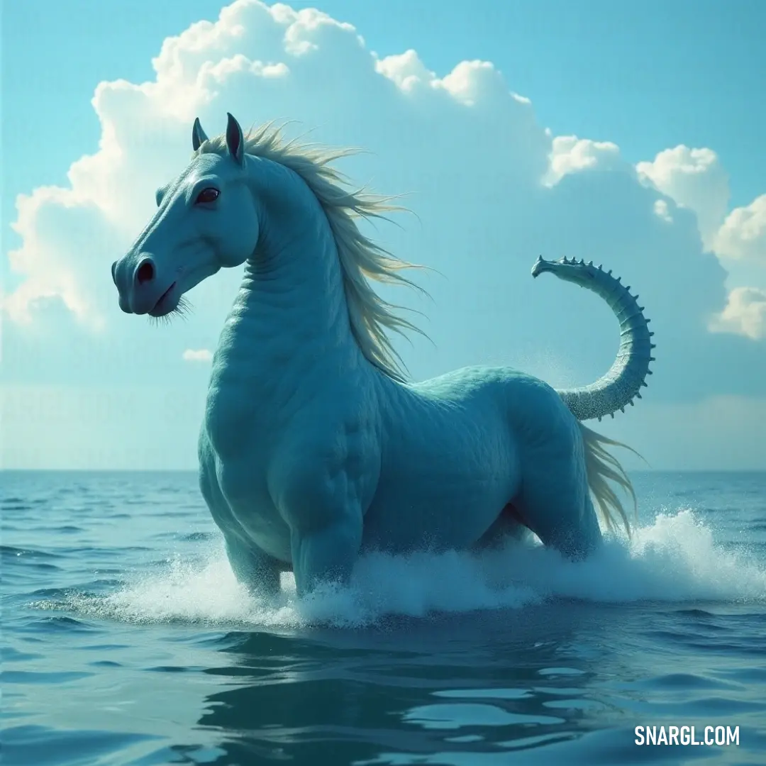 A white hippocampus stands in the water, its tail lifted and head turned as it remains graceful and poised. A graceful white hippocampus stands in the water, its tail lifted high and its head turned slightly to the side. The water around it glistens as it remains poised and serene in its natural habitat.