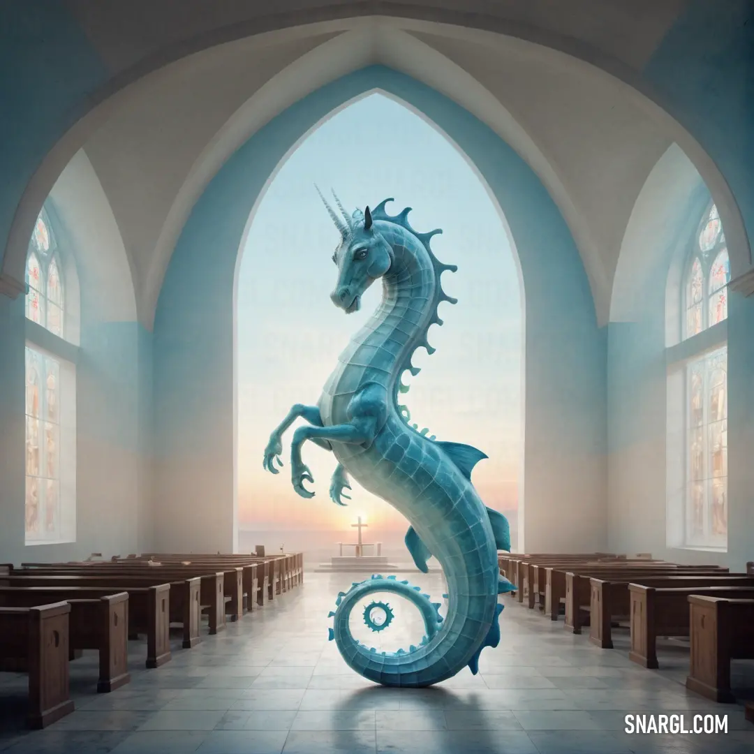 Blue Hippocampus statue in a church with a view of the ocean through the windows of the building's arched windows