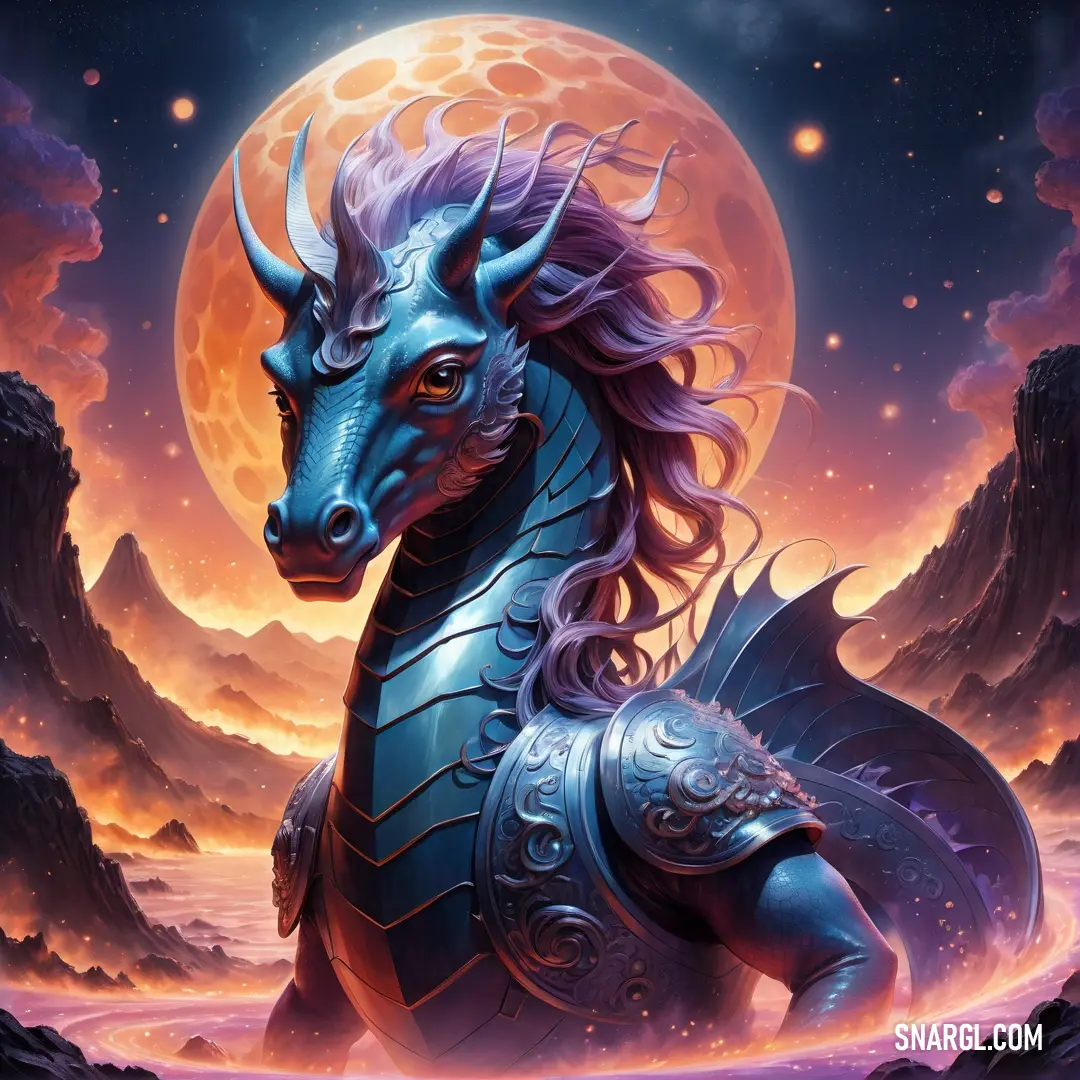 Blue Hippocampus with a helmet on its back standing in front of a full moon sky and mountains