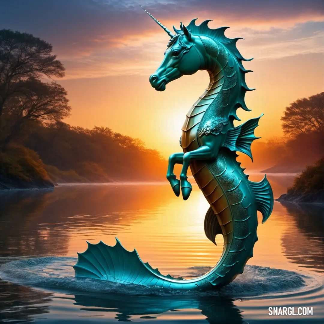 Blue sea horse statue in the water at sunset or dawn