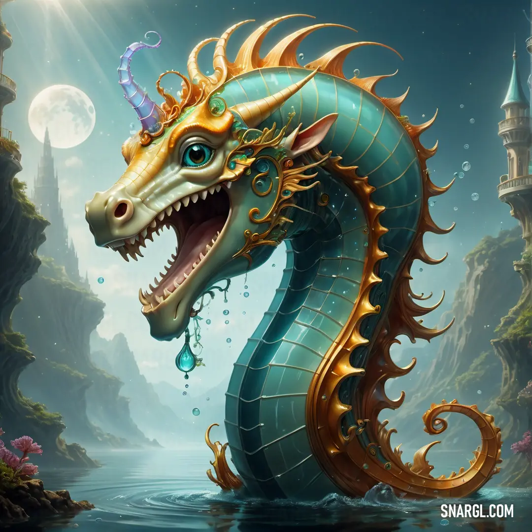 Hippocampus with a long neck and a large head is in the water with a castle in the background