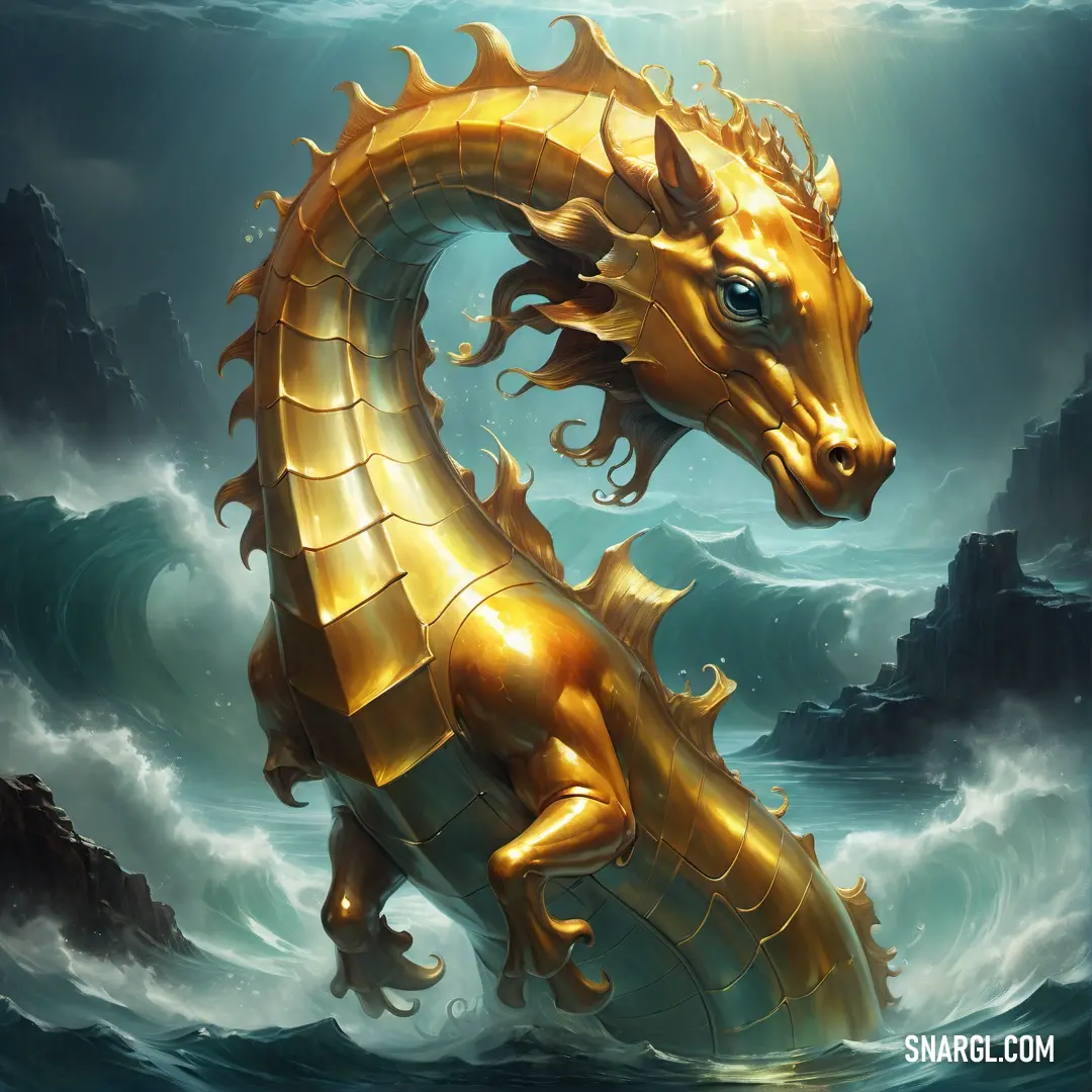 Golden Hippocampus is floating in the water with a rock formation behind it and a sunbeam above it