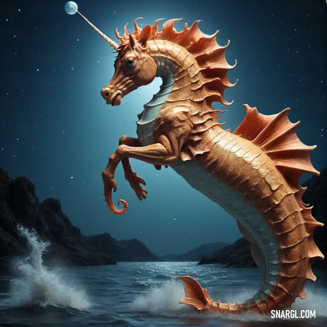 Golden Hippocampus statue is in the water at night with a full moon in the background and a mountain range in the distance
