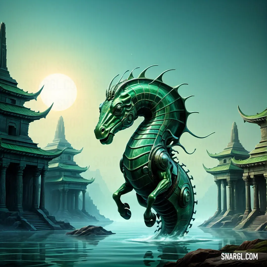 Green Hippocampus is standing in the water near a castle and a building with a sun in the background