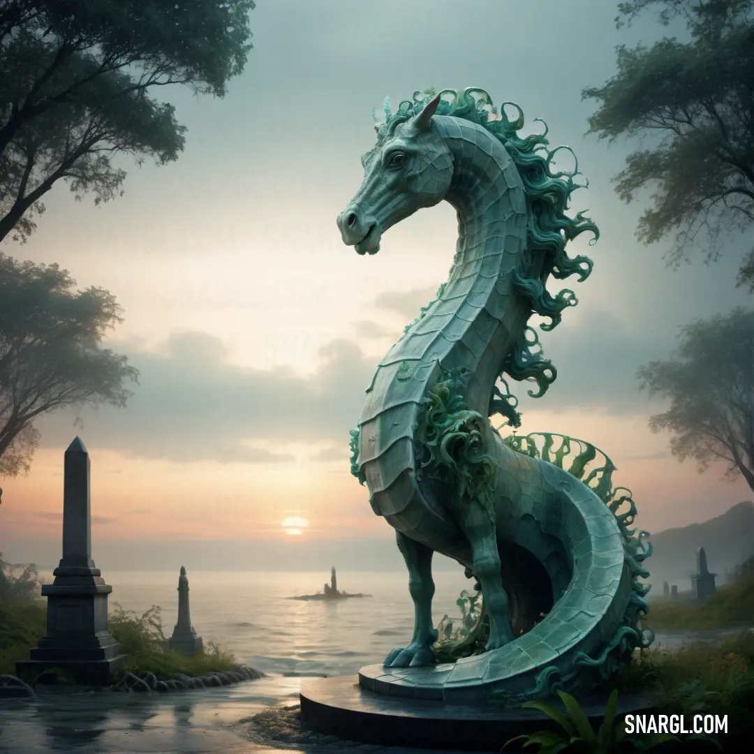Statue of a Hippocampus on a pedestal in a park at sunset with a body of water in the background