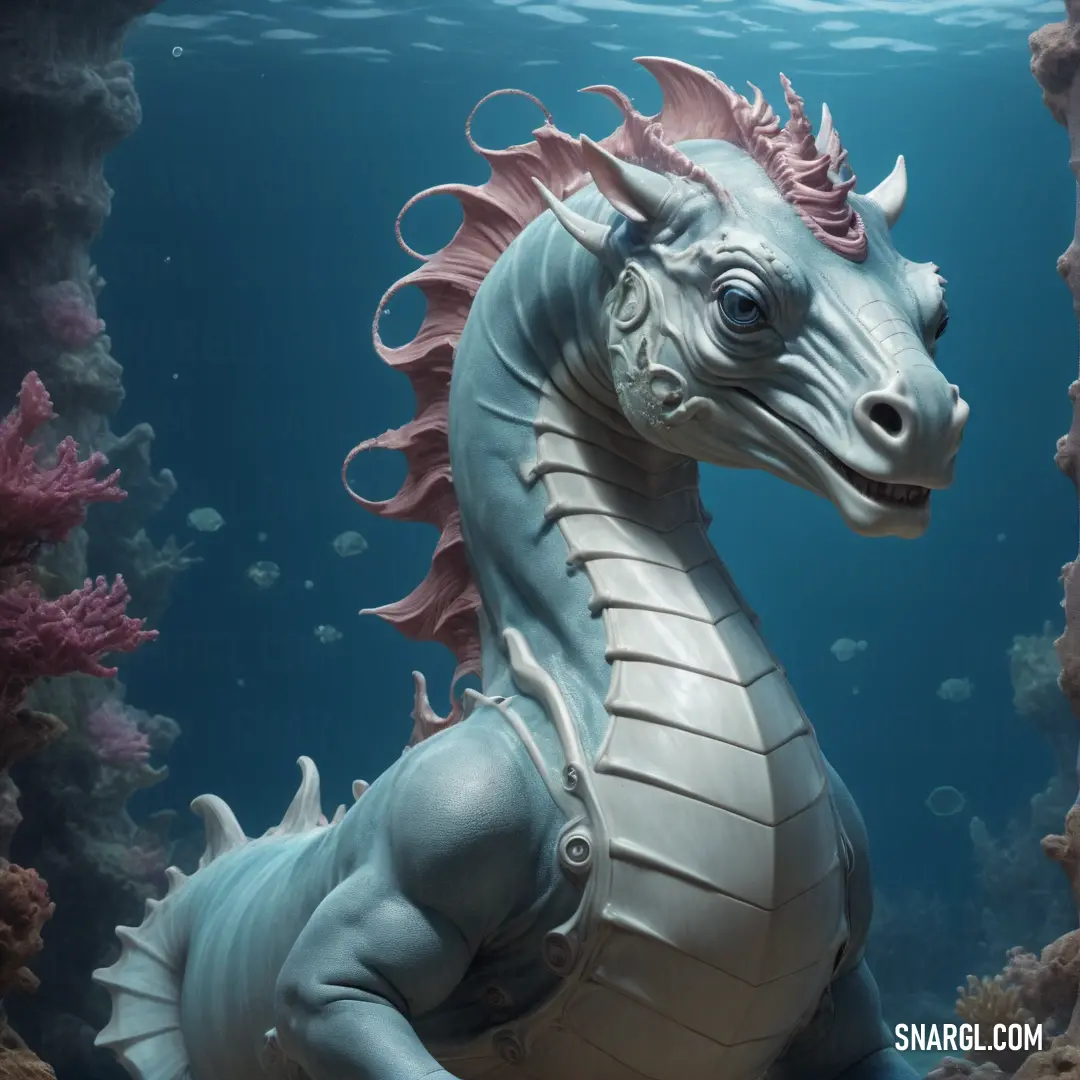Statue of a sea horse in a coral reef area with a scuba diver nearby in the background