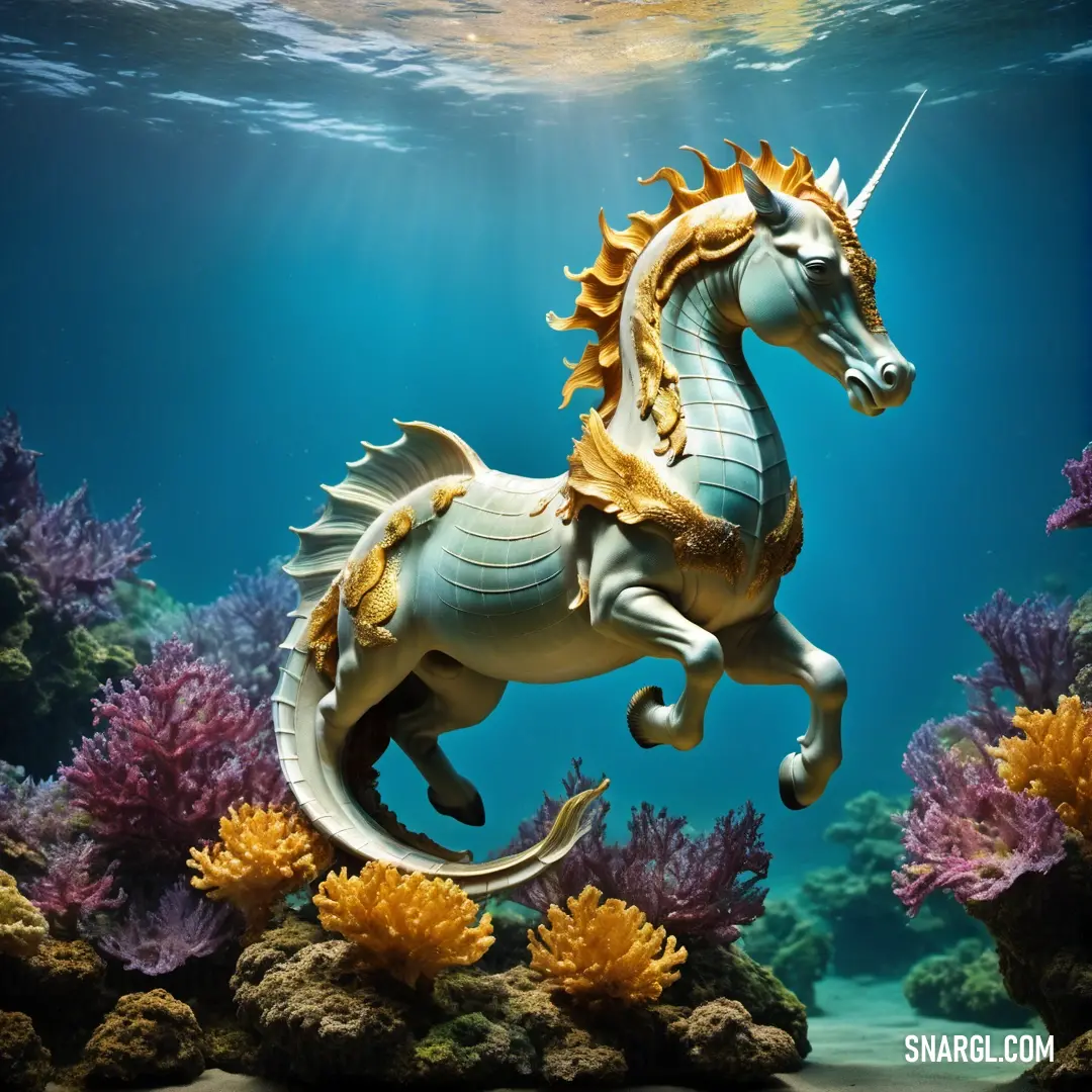 Statue of a sea horse in the ocean with corals and seaweed in the background