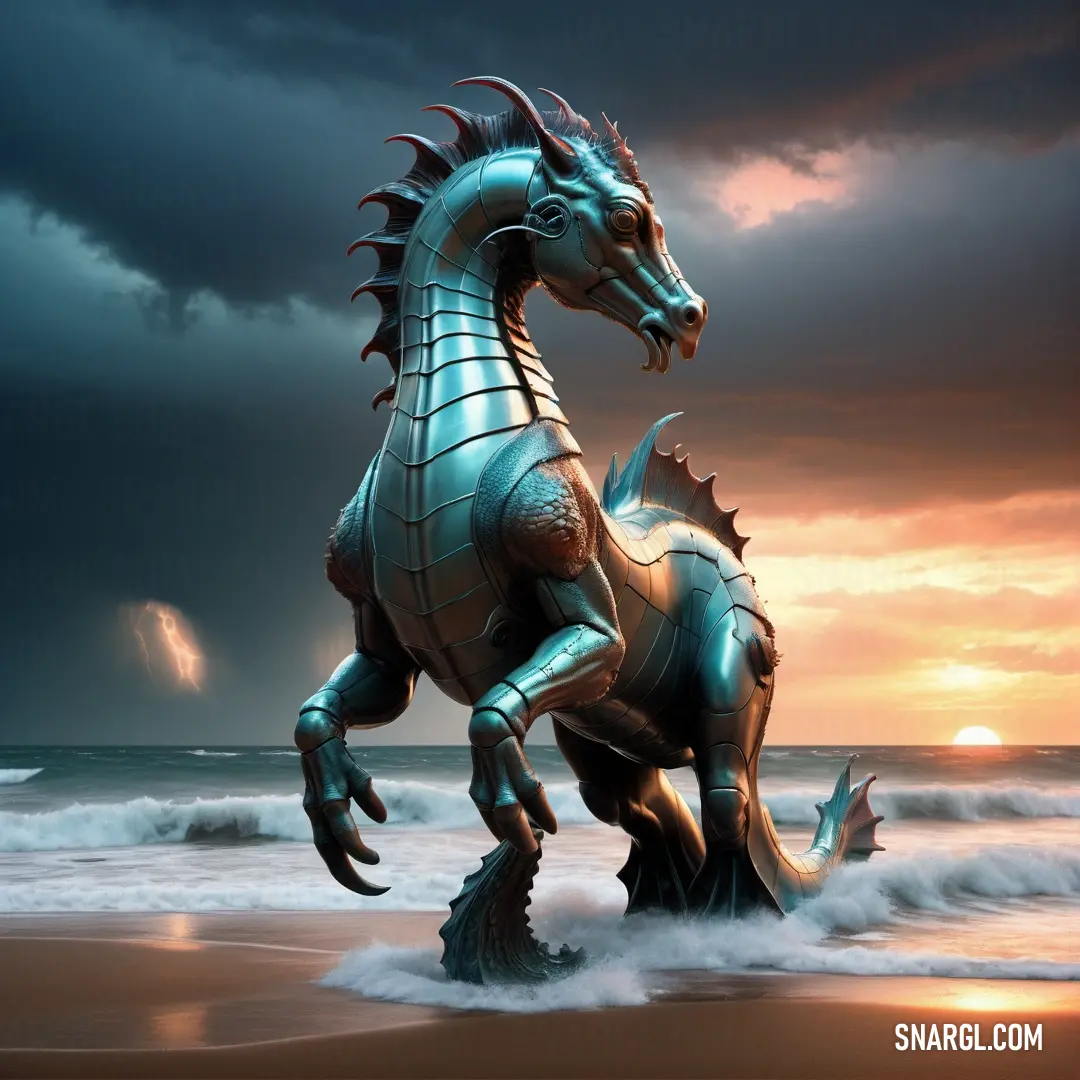 Statue of a sea horse on a beach at sunset with a storm in the background
